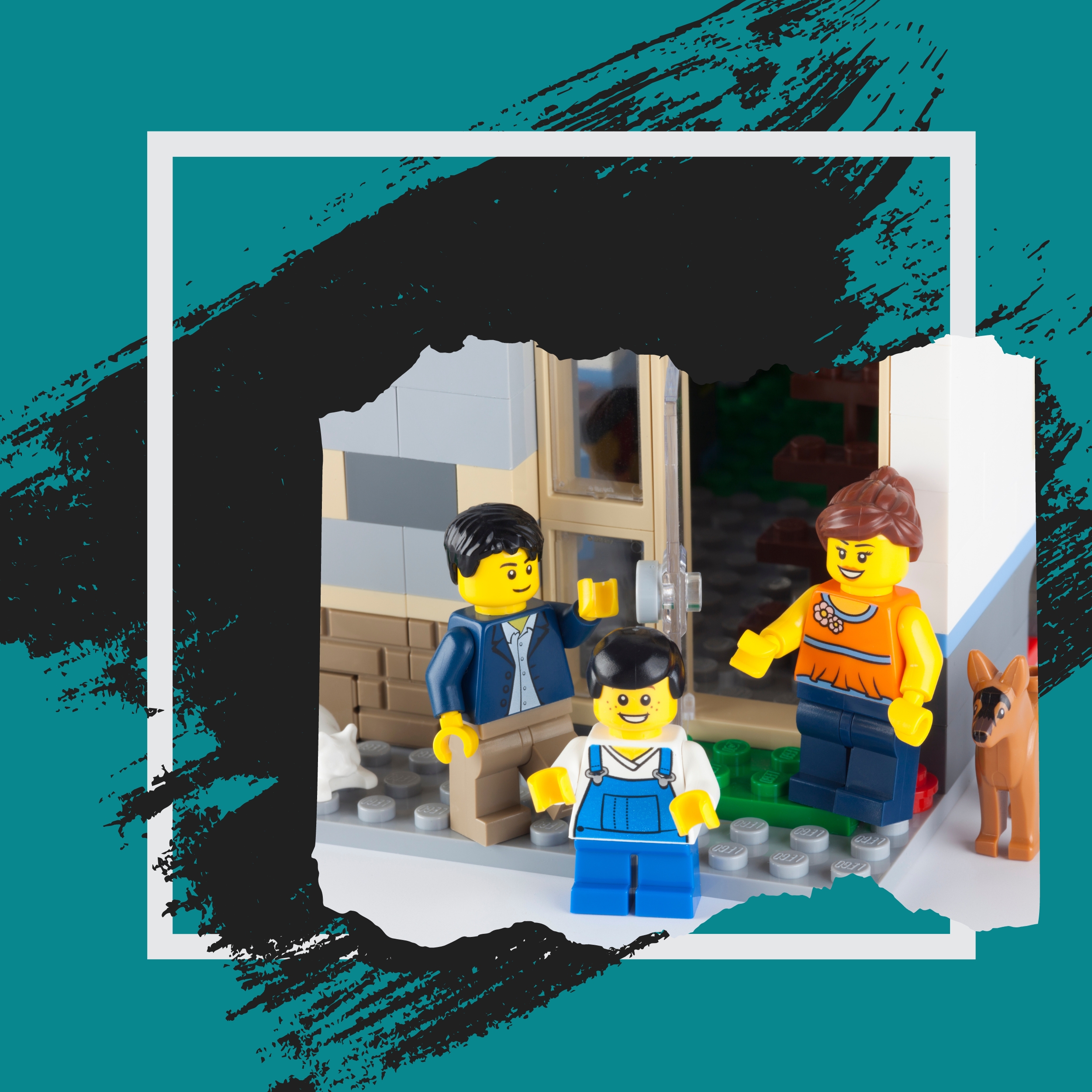 Lego Mini-fig kids standing in doorway with Lego Teacher
